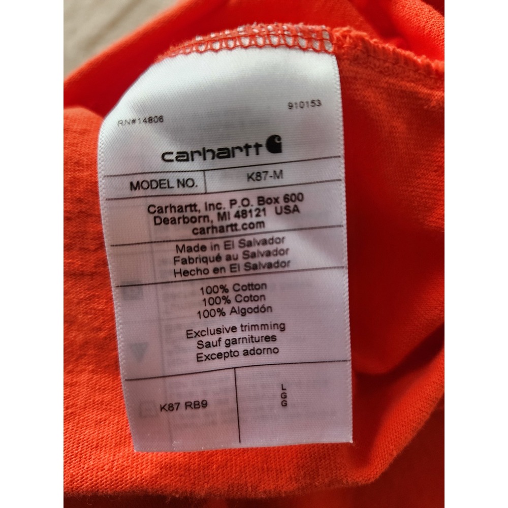 Carhartt K87 Mens Loose Fit Pocket T-Shirt Orange Cotton Short Sleeve Large - Picture 3 of 10